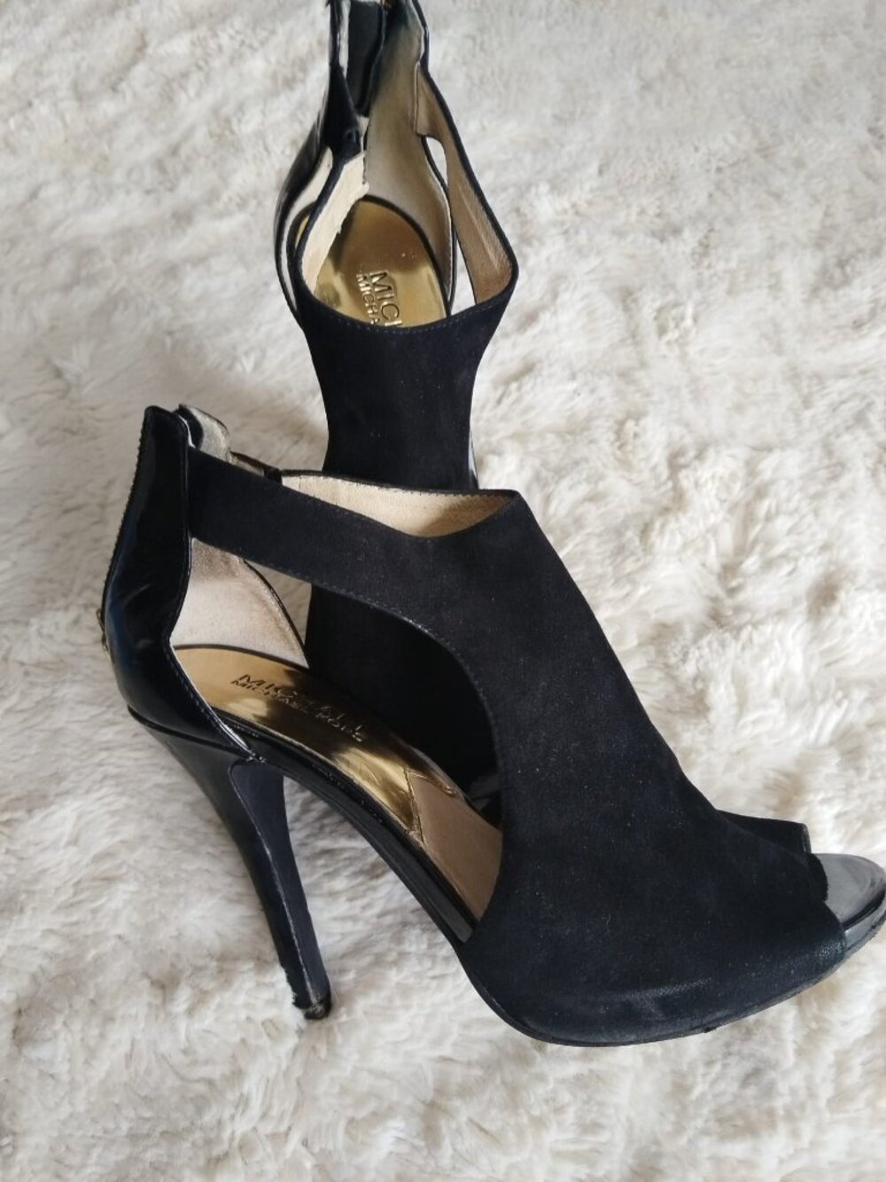 MICHAEL Michael Kors Black Suede Peep Toe Heel Booties Back Zip Size 6.5M